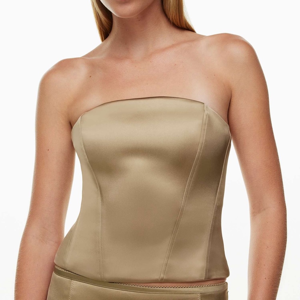 ARITZIA TEN Castle Silky Gold Satin Bustier w Corset Stays - Tan Khaki